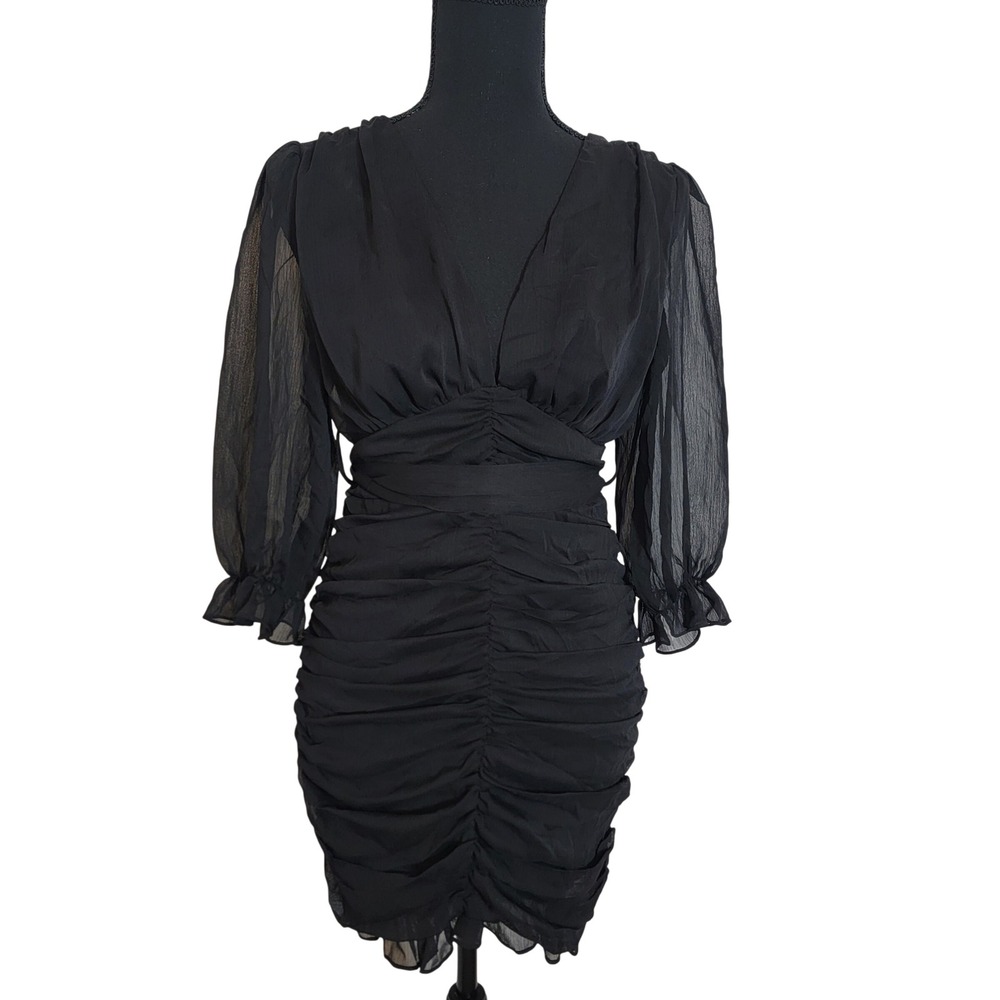 French Kiss Black Long Poet Sleeve Mini Dress Small See Through Dark Romantic